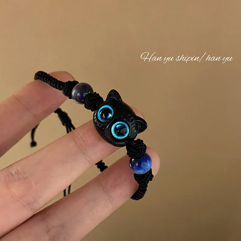 Wholesale Kitten Black Cat Head Hand Woven Draw Pull Bracelet