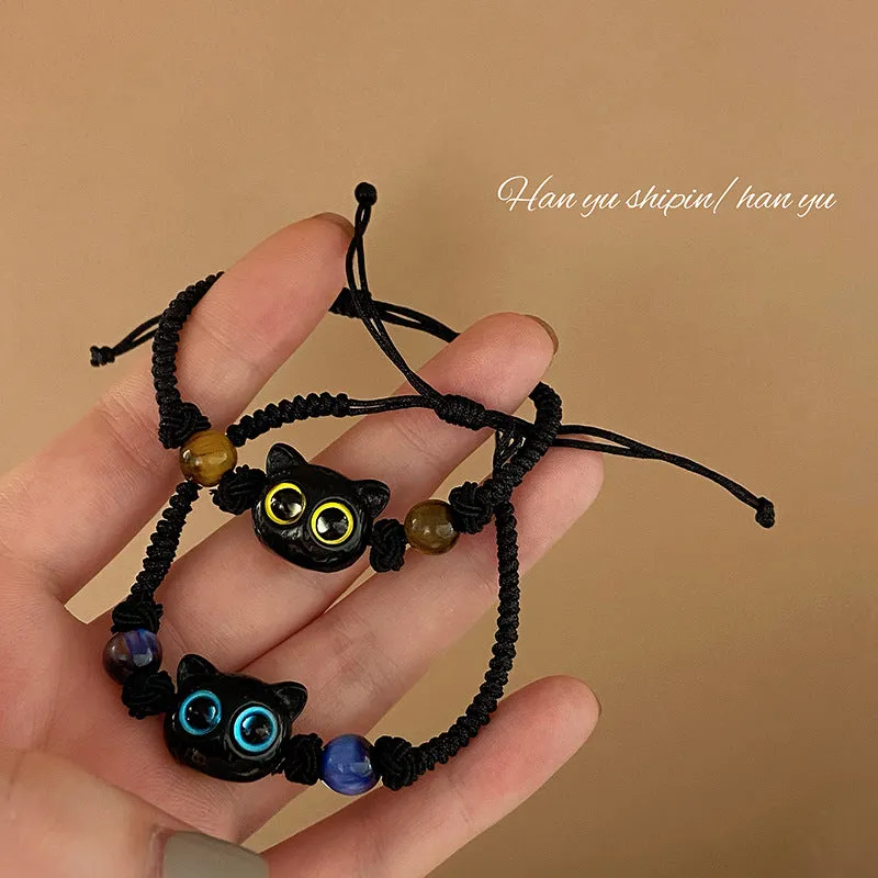 Wholesale Kitten Black Cat Head Hand Woven Draw Pull Bracelet