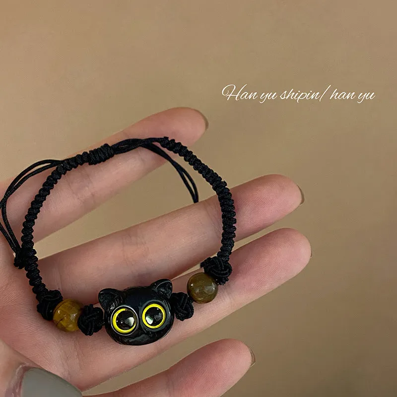 Wholesale Kitten Black Cat Head Hand Woven Draw Pull Bracelet