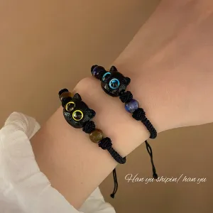 Wholesale Kitten Black Cat Head Hand Woven Draw Pull Bracelet