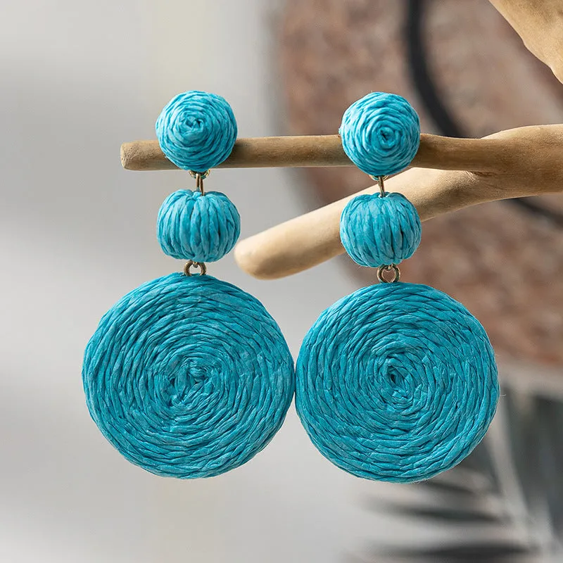 Wholesale Klein Blue Gourd Braided Raffia Hoop Earrings