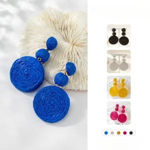 Wholesale Klein Blue Gourd Braided Raffia Hoop Earrings