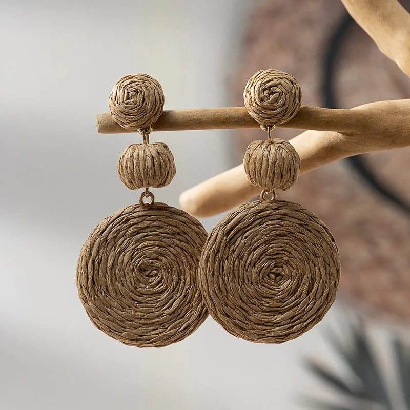 Wholesale Klein Blue Gourd Braided Raffia Hoop Earrings