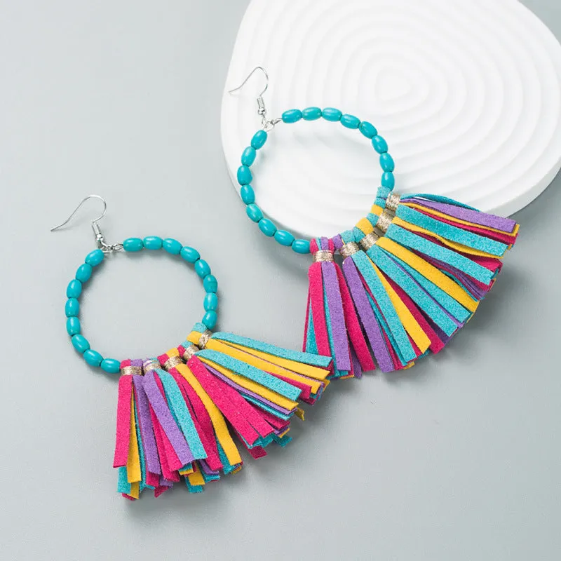 Wholesale Large Round Turquoise Handmade Leather Tassel Earrings