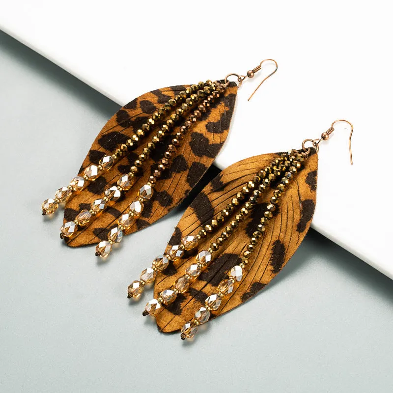 Wholesale Leaf Leopard Leather Crystal Tassel Earrings