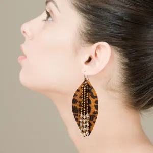Wholesale Leaf Leopard Leather Crystal Tassel Earrings