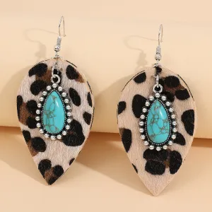 Wholesale Leaf Western Style Vintage Turquoise Leopard Leather Earrings