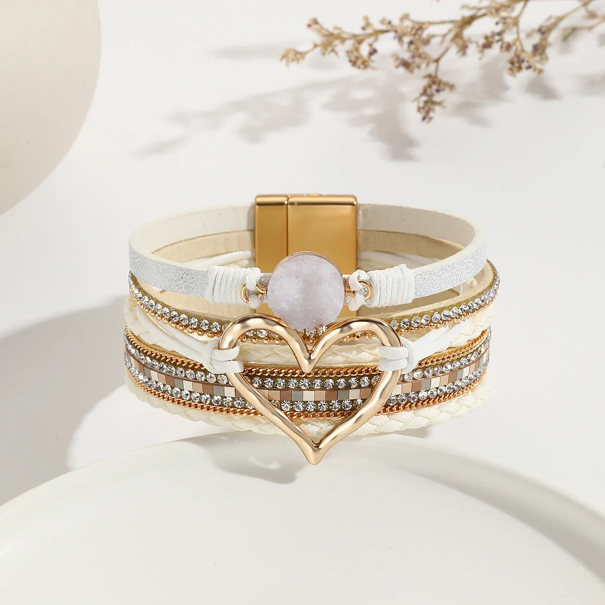 Wholesale Leather Cord Multi-Layered Raw Stone Love Bracelet