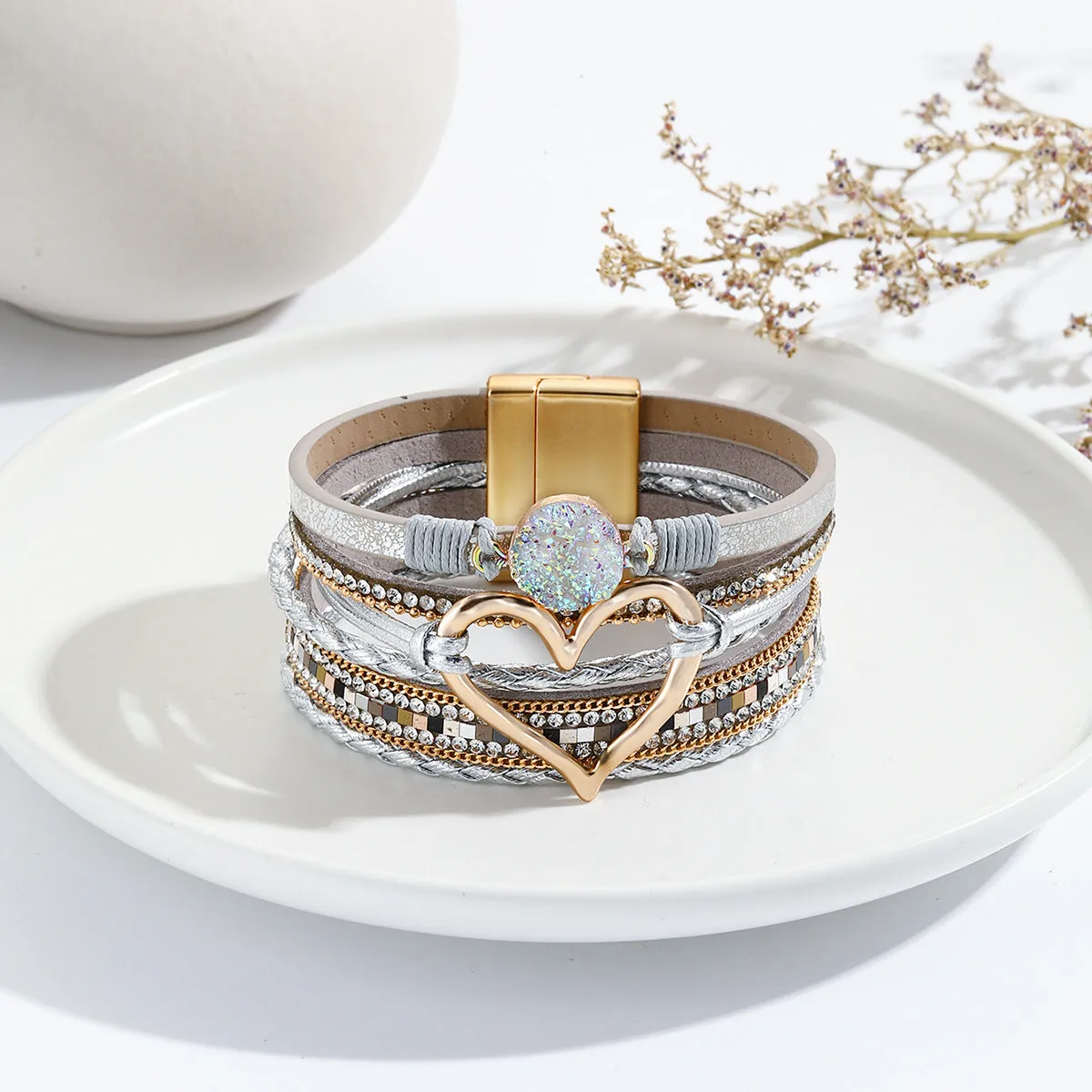 Wholesale Leather Cord Multi-Layered Raw Stone Love Bracelet