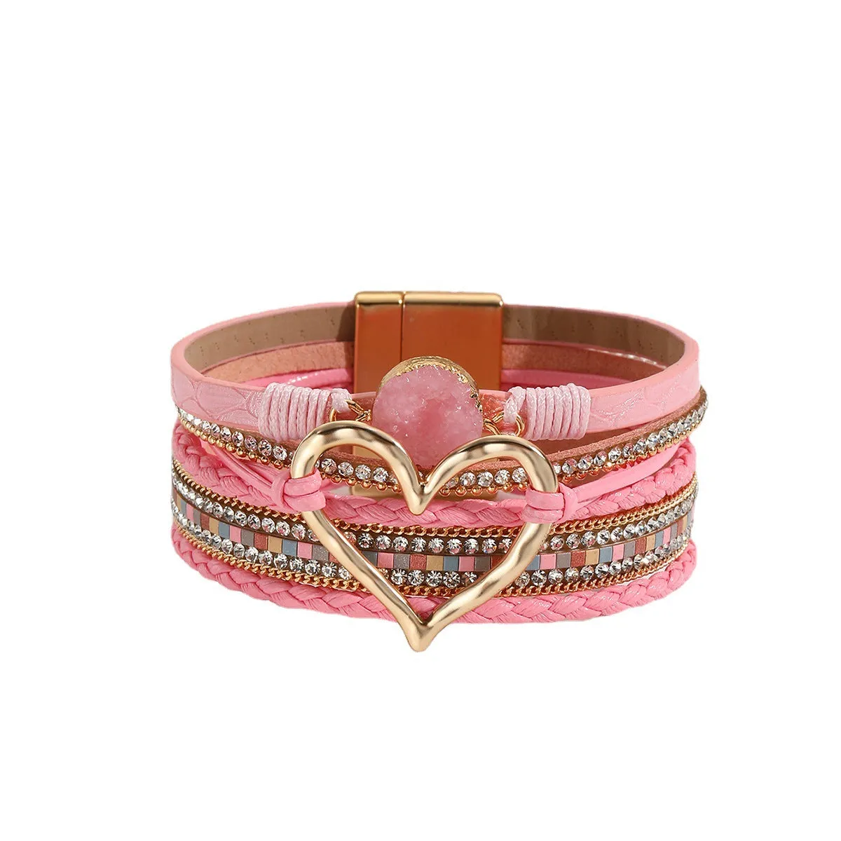 Wholesale Leather Cord Multi-Layered Raw Stone Love Bracelet