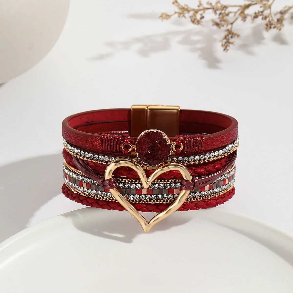 Wholesale Leather Cord Multi-Layered Raw Stone Love Bracelet