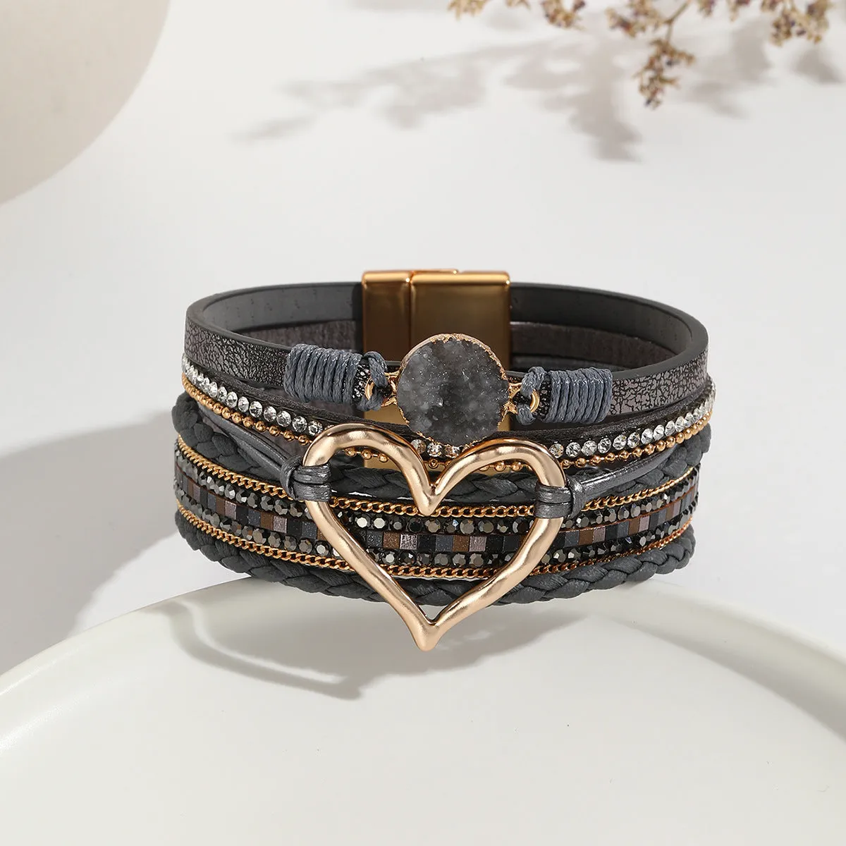 Wholesale Leather Cord Multi-Layered Raw Stone Love Bracelet