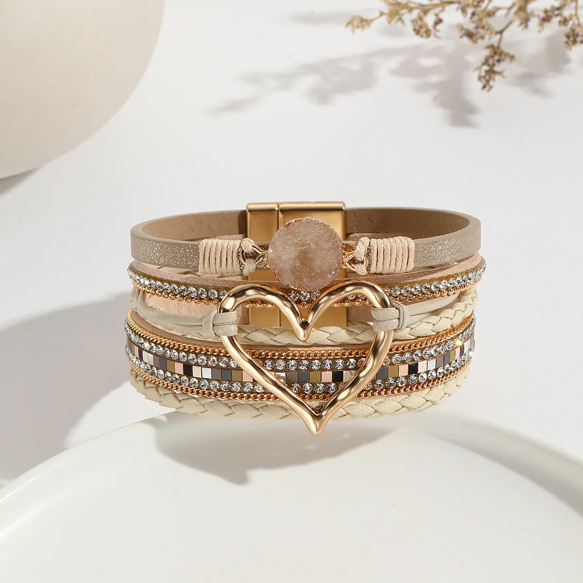 Wholesale Leather Cord Multi-Layered Raw Stone Love Bracelet