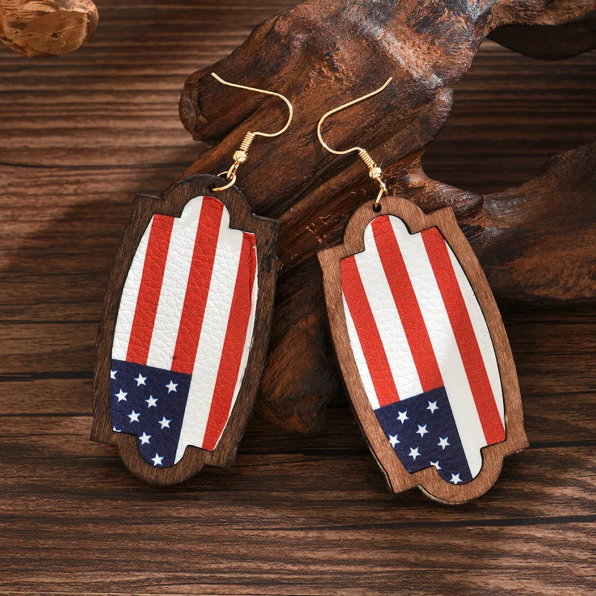 Wholesale Leather Litchi Grain Wood Frame American Flag Independence Day Earrings