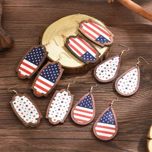 Wholesale Leather Litchi Grain Wood Frame American Flag Independence Day Earrings