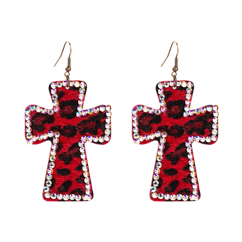 Wholesale Leopard Cross Set Diamond Leather Earrings