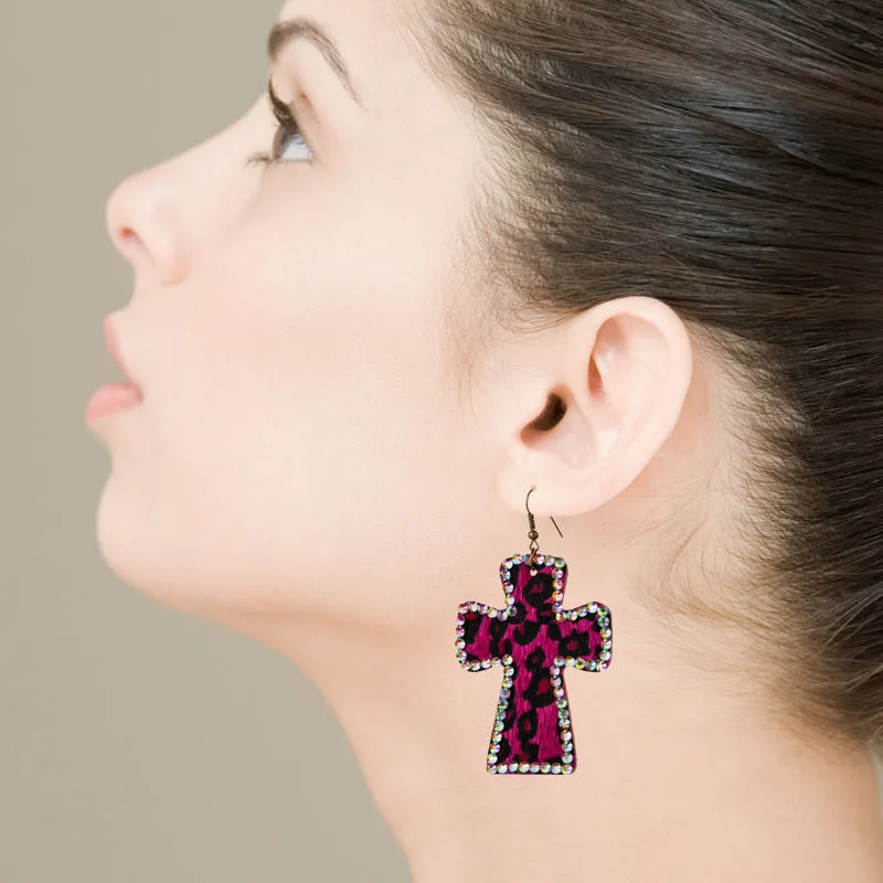 Wholesale Leopard Cross Set Diamond Leather Earrings