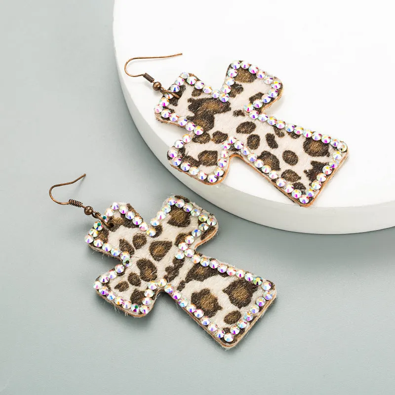 Wholesale Leopard Cross Set Diamond Leather Earrings
