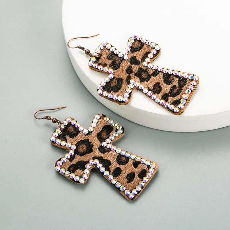 Wholesale Leopard Cross Set Diamond Leather Earrings
