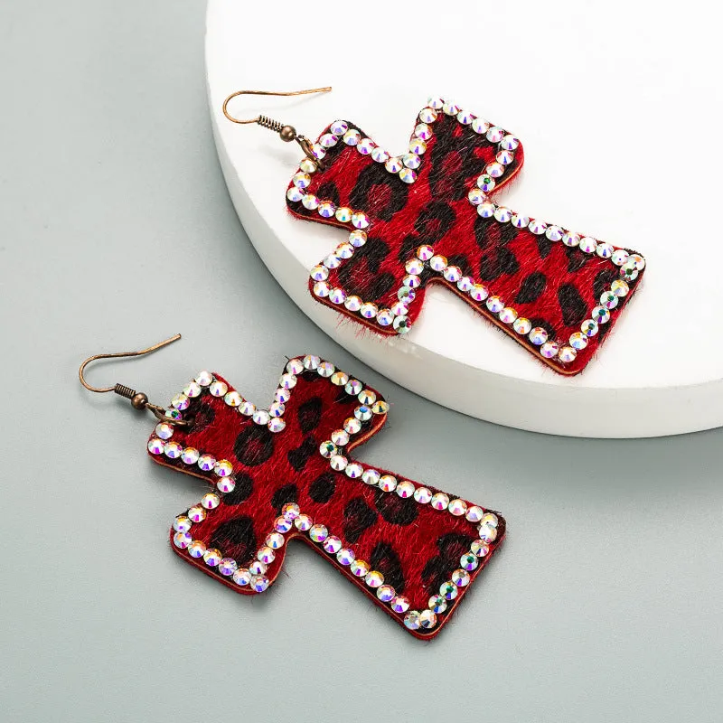 Wholesale Leopard Cross Set Diamond Leather Earrings