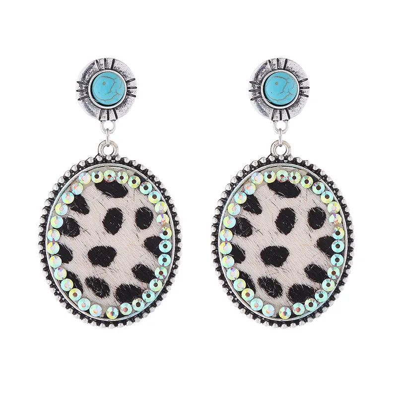Wholesale Leopard Print Leather Alloy Diamond Turquoise Vintage Earrings