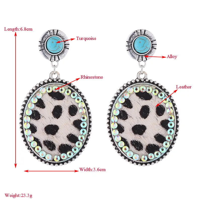 Wholesale Leopard Print Leather Alloy Diamond Turquoise Vintage Earrings