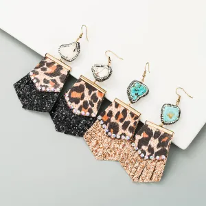 Wholesale Leopard print long leather full diamond exaggerated earrings