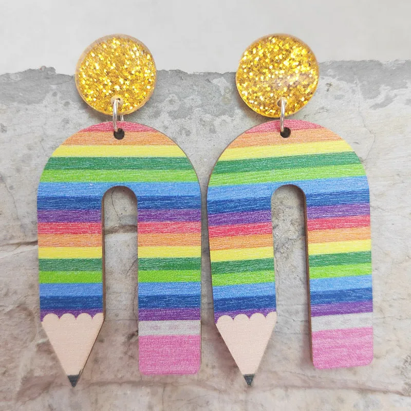 Wholesale Leopard Print Pencil Rainbow Wooden U Shape Earrings