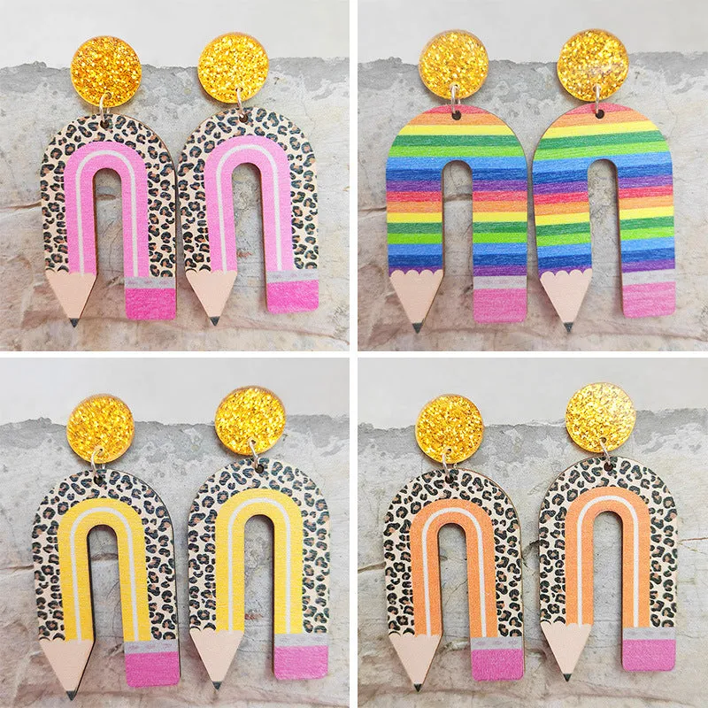 Wholesale Leopard Print Pencil Rainbow Wooden U Shape Earrings