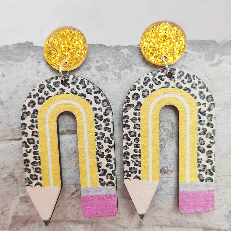 Wholesale Leopard Print Pencil Rainbow Wooden U Shape Earrings