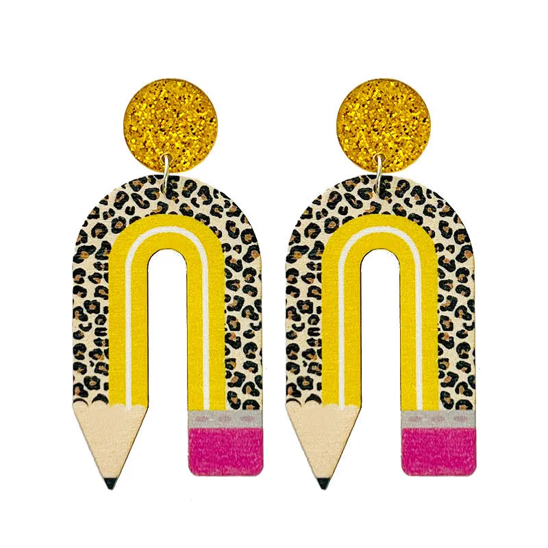 Wholesale Leopard Print Pencil Rainbow Wooden U Shape Earrings