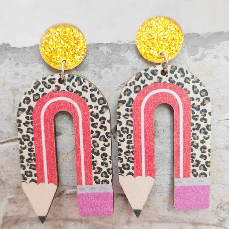 Wholesale Leopard Print Pencil Rainbow Wooden U Shape Earrings