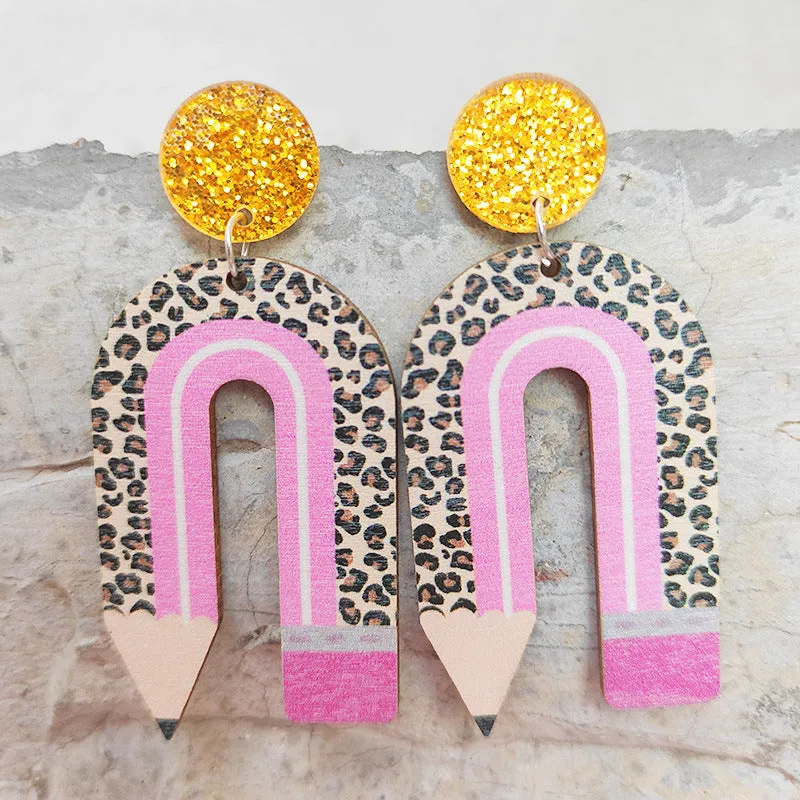 Wholesale Leopard Print Pencil Rainbow Wooden U Shape Earrings