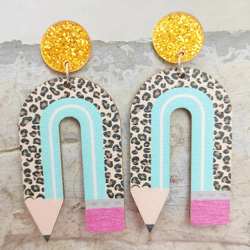Wholesale Leopard Print Pencil Rainbow Wooden U Shape Earrings