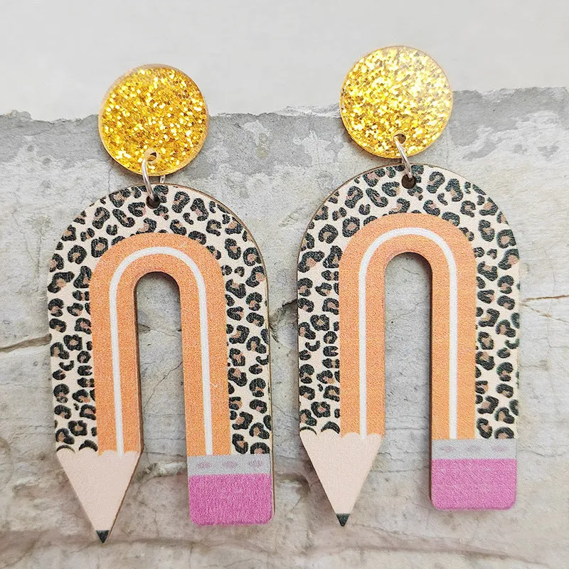 Wholesale Leopard Print Pencil Rainbow Wooden U Shape Earrings