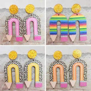 Wholesale Leopard Print Pencil Rainbow Wooden U Shape Earrings