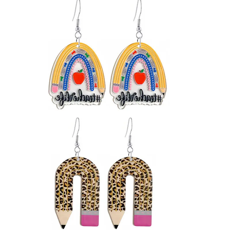 Wholesale Leopard Print Pencil Teacher Acrylic Earrings