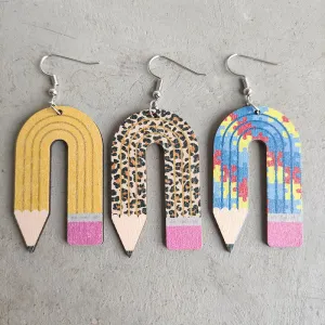 Wholesale leopard print pencil teacher wooden earrings