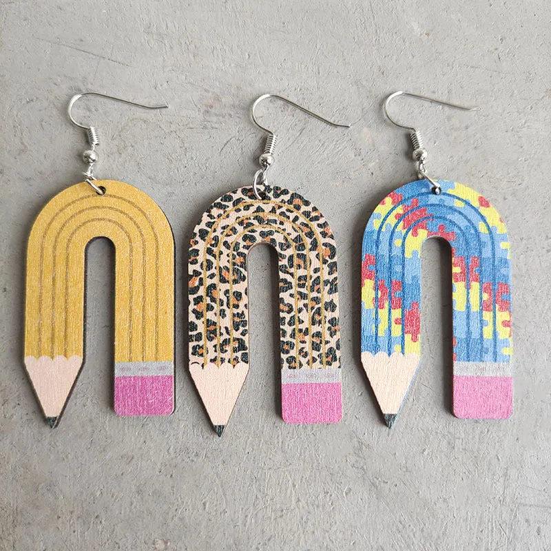 Wholesale leopard print pencil teacher wooden earrings