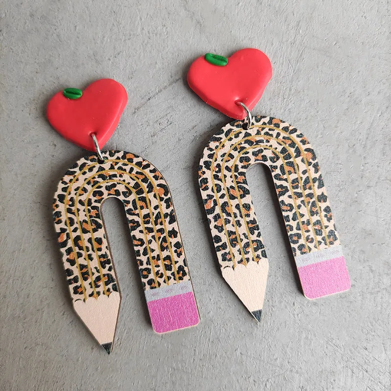 Wholesale leopard print pencil teacher wooden earrings