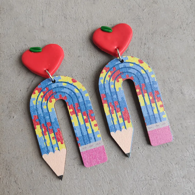 Wholesale leopard print pencil teacher wooden earrings