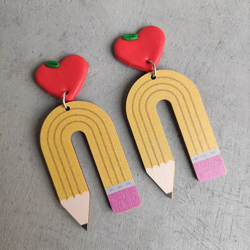 Wholesale leopard print pencil teacher wooden earrings