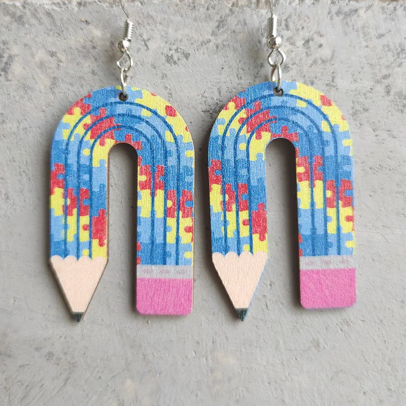 Wholesale leopard print pencil teacher wooden earrings