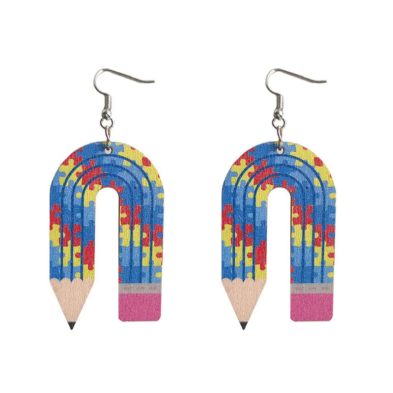 Wholesale leopard print pencil teacher wooden earrings