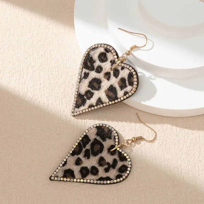 Wholesale Leopard Print Rhinestone Embellished Heart Drop Earrings