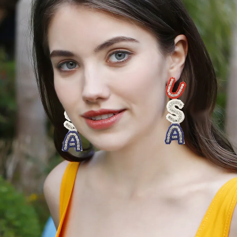 Wholesale Letter USA Independence Day Rice Bead Earrings
