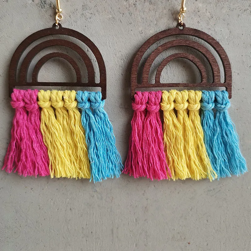 Wholesale LGBT Handwoven Wooden Rainbow Tassel Earrings