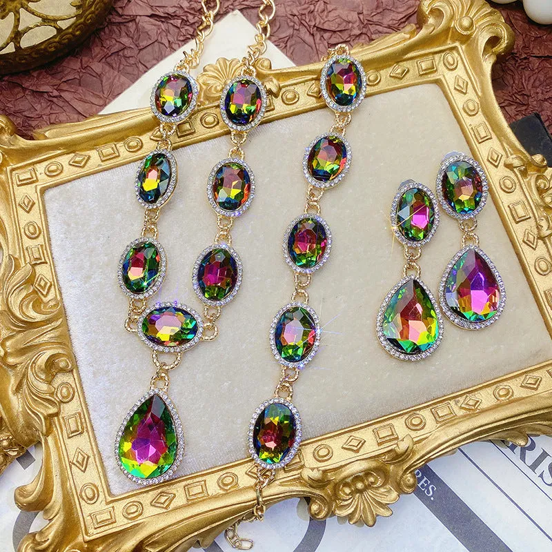 Wholesale Light Luxury Diamond Crystal Gemstone Water Drop Necklace Earrings Bracelet Three Sets