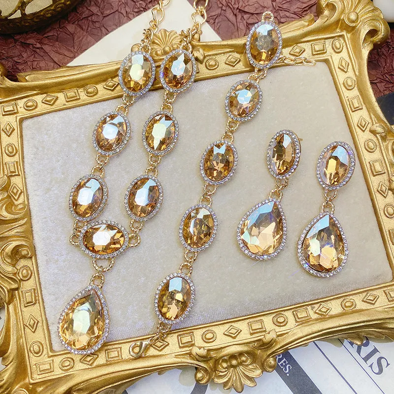 Wholesale Light Luxury Diamond Crystal Gemstone Water Drop Necklace Earrings Bracelet Three Sets