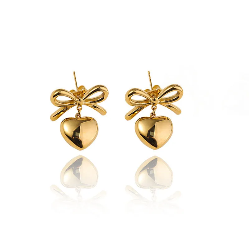 Wholesale Light Luxury Retro Stainless Steel Plated 18k Gold Bow Titanium Steel Heart Earrings